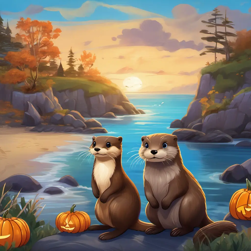 In Willow Shores, a group of happy animals sit by the ocean shore. The otter, A timid otter with silky brown fur and sparkling blue eyes, stands alone, looking hesitant.