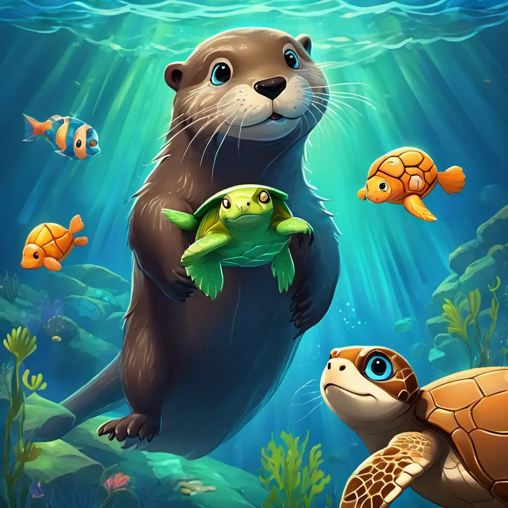 A timid otter with silky brown fur and sparkling blue eyes talks to A courageous sea turtle with a green shell and wise, determined eyes who is swimming confidently in the ocean. They both appear happy and engaged in conversation.