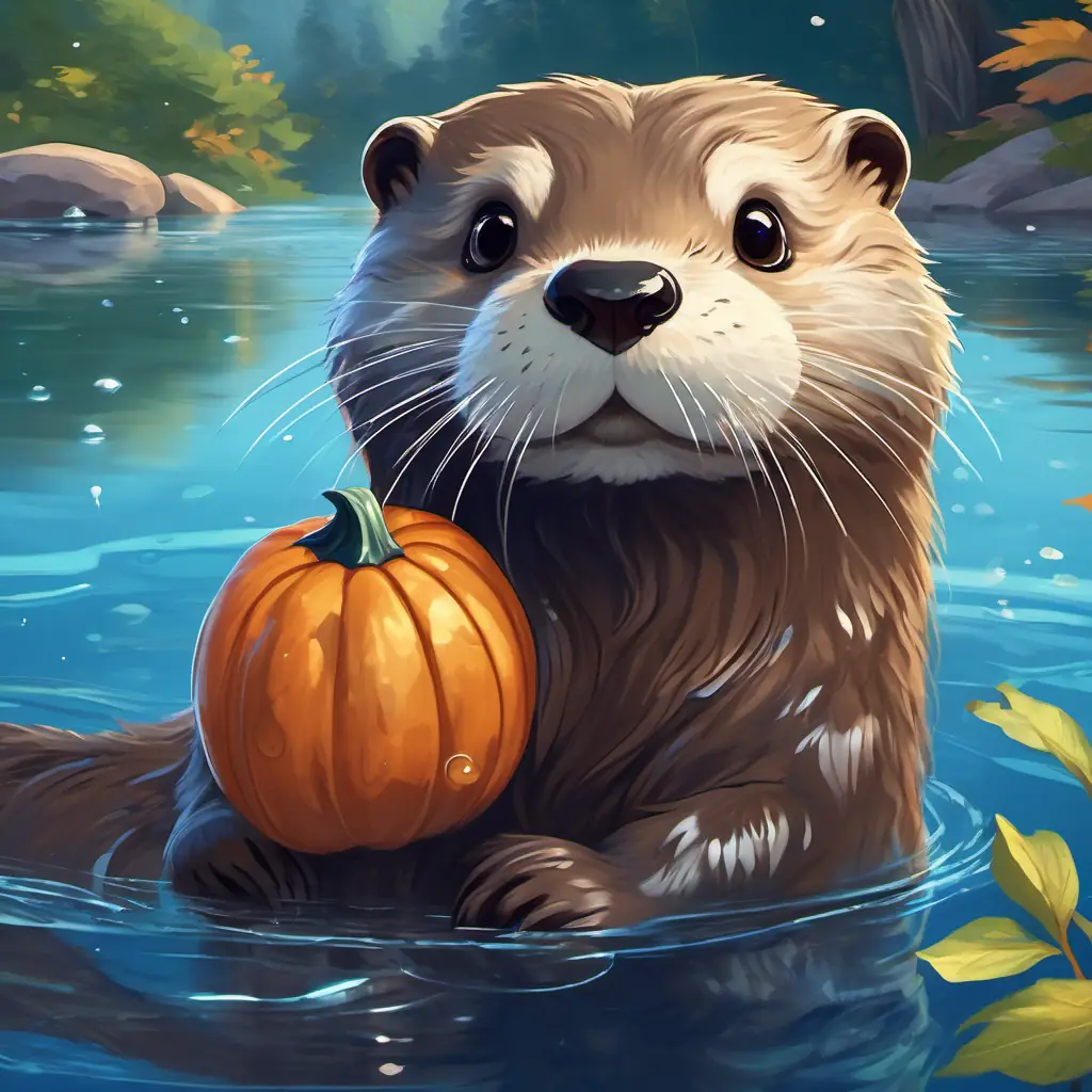 A timid otter with silky brown fur and sparkling blue eyes stands at the edge of the water, brimming with determination. His friends are seen swimming happily in the background.