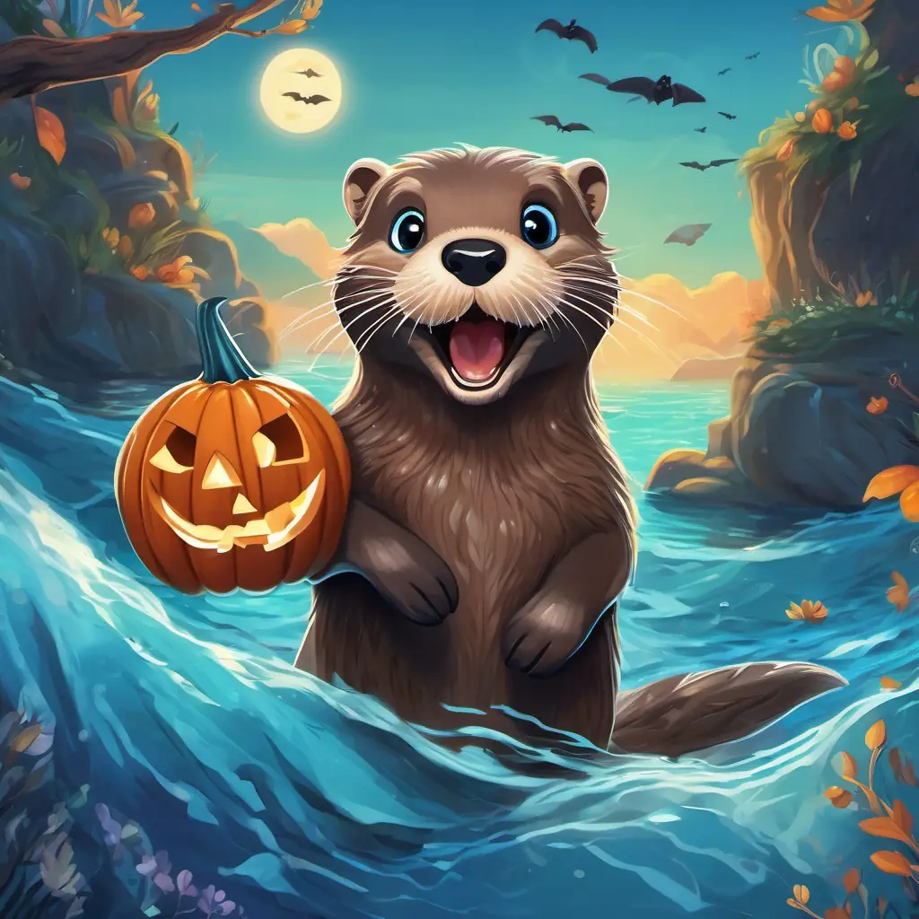 A timid otter with silky brown fur and sparkling blue eyes jumps into the ocean, surrounded by stunning underwater scenery. His friends cheer for him from afar.