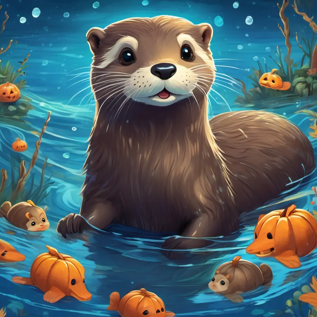 A timid otter with silky brown fur and sparkling blue eyes swims happily with his friends, surrounded by the beauty of the ocean.