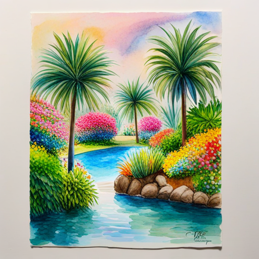 Oases with palm trees, water, and colorful flowers