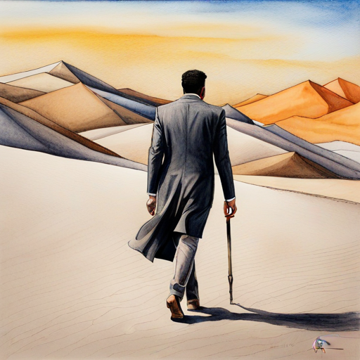 Ahmed walking in the desert with determination