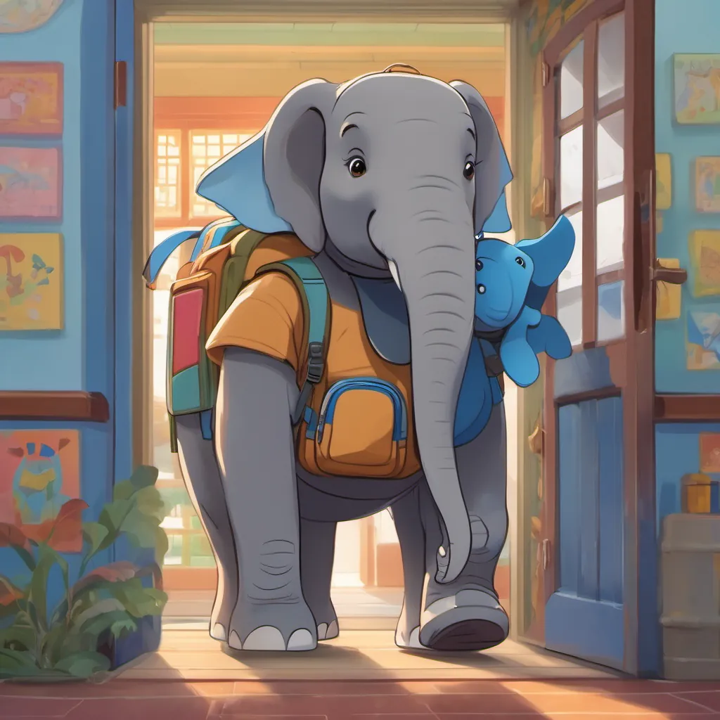 An elephant named An elephant child named Emily with a big blue backpack, looks both excited and scared wearing a big blue backpack, looking both excited and scared, standing at the doorway of a colorful, cartoonish elementary school.
