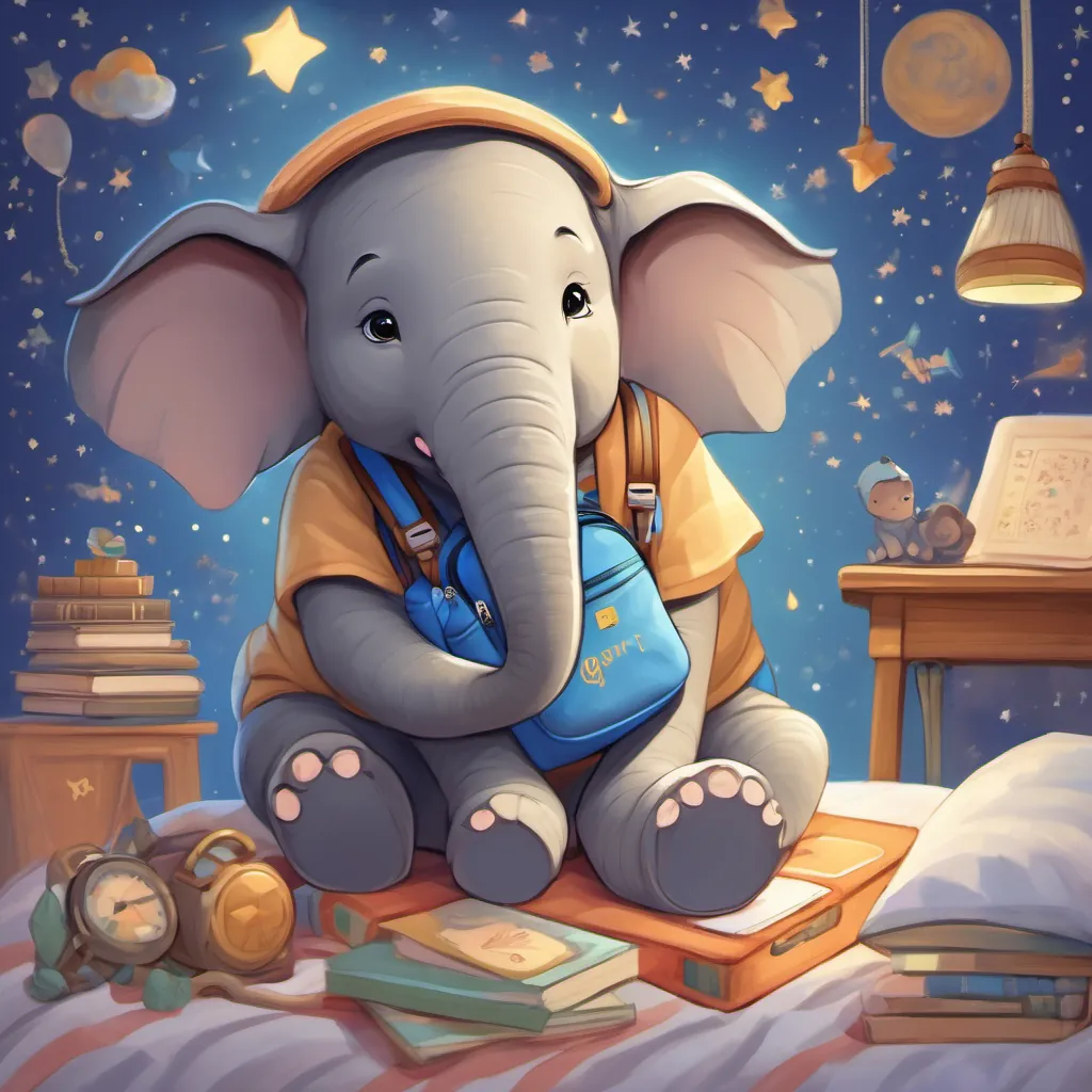 An elephant child named Emily with a big blue backpack, looks both excited and scared in bed, dreaming of her fantastic day at school, with stars and dreamy images of letters, friends, and stories floating around her.
