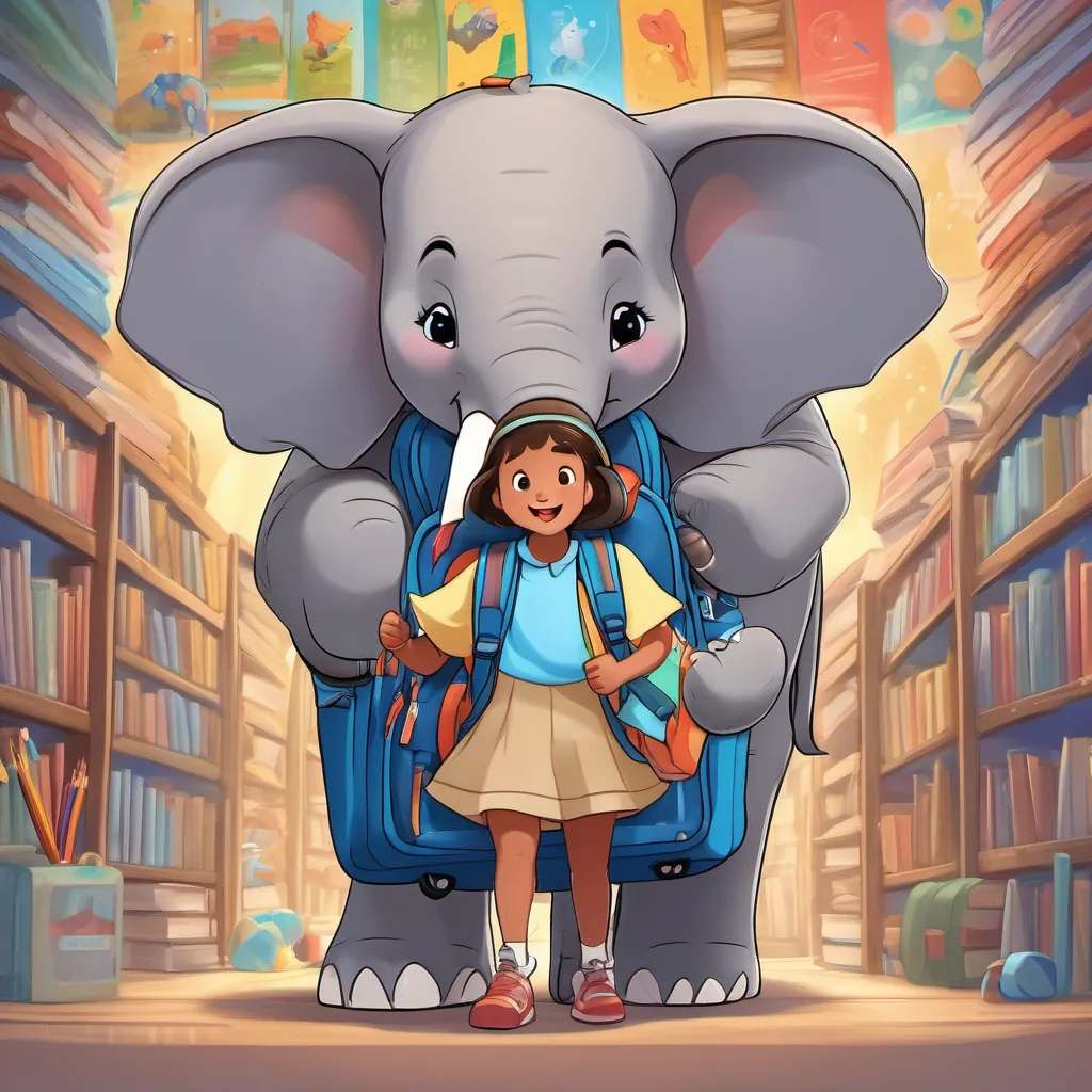 An elephant child named Emily with a big blue backpack, looks both excited and scared encouraging other kids to enjoy their first day of school, with a bright and colorful background showing school elements like books, crayons, and smiling friends.