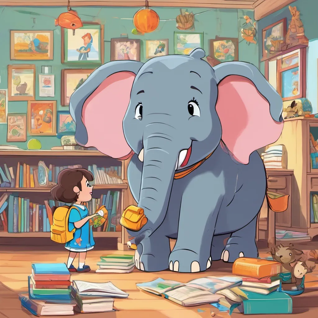 An elephant child named Emily with a big blue backpack, looks both excited and scared meeting A friendly, fluffy cat teacher with twitching whiskers, cheerful and welcoming, a fluffy cat teacher, who is smiling and chatting with An elephant child named Emily with a big blue backpack, looks both excited and scared in a bright, cheerful classroom decorated with posters and children's artwork.