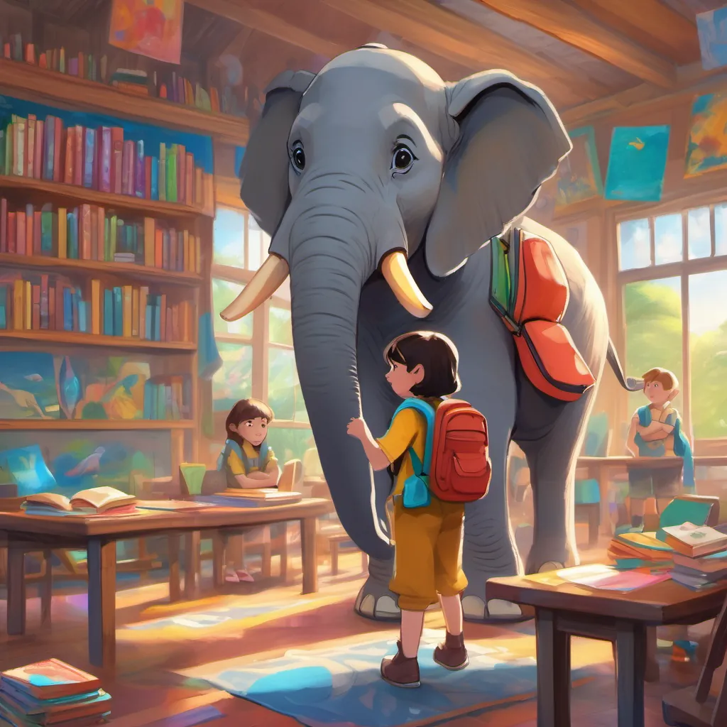 Classroom with colorful books and crayons scattered on tables, and An elephant child named Emily with a big blue backpack, looks both excited and scared the elephant marveling at the vibrant surroundings with a thoughtful expression.