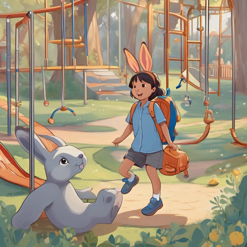 A lively, carefree hare hopping around the playground the hare, a friendly rabbit, hopping around the playground, inviting An elephant child named Emily with a big blue backpack, looks both excited and scared to join, with swings, slides, and other playground equipment in the background.