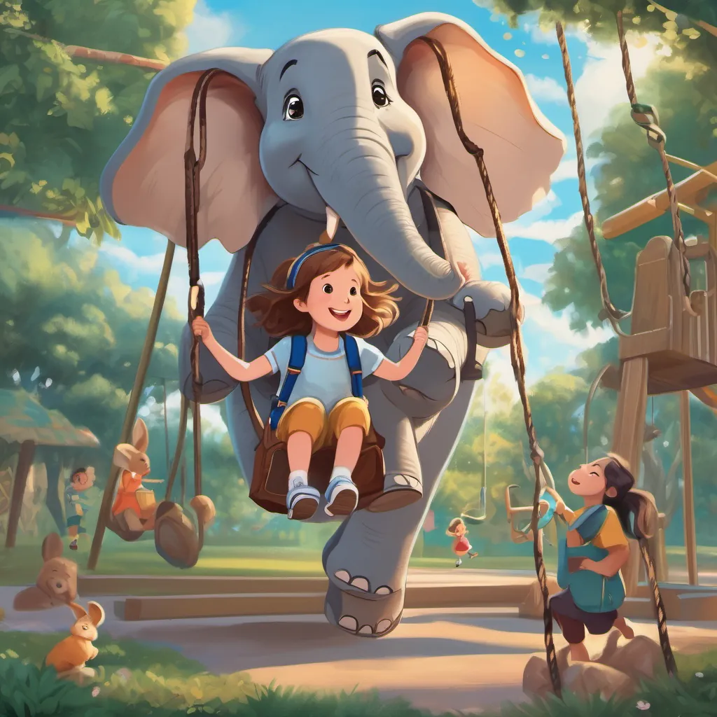An elephant child named Emily with a big blue backpack, looks both excited and scared happily playing on the swings and slides with A lively, carefree hare hopping around the playground the hare on the school playground, both laughing and having fun under the sun.