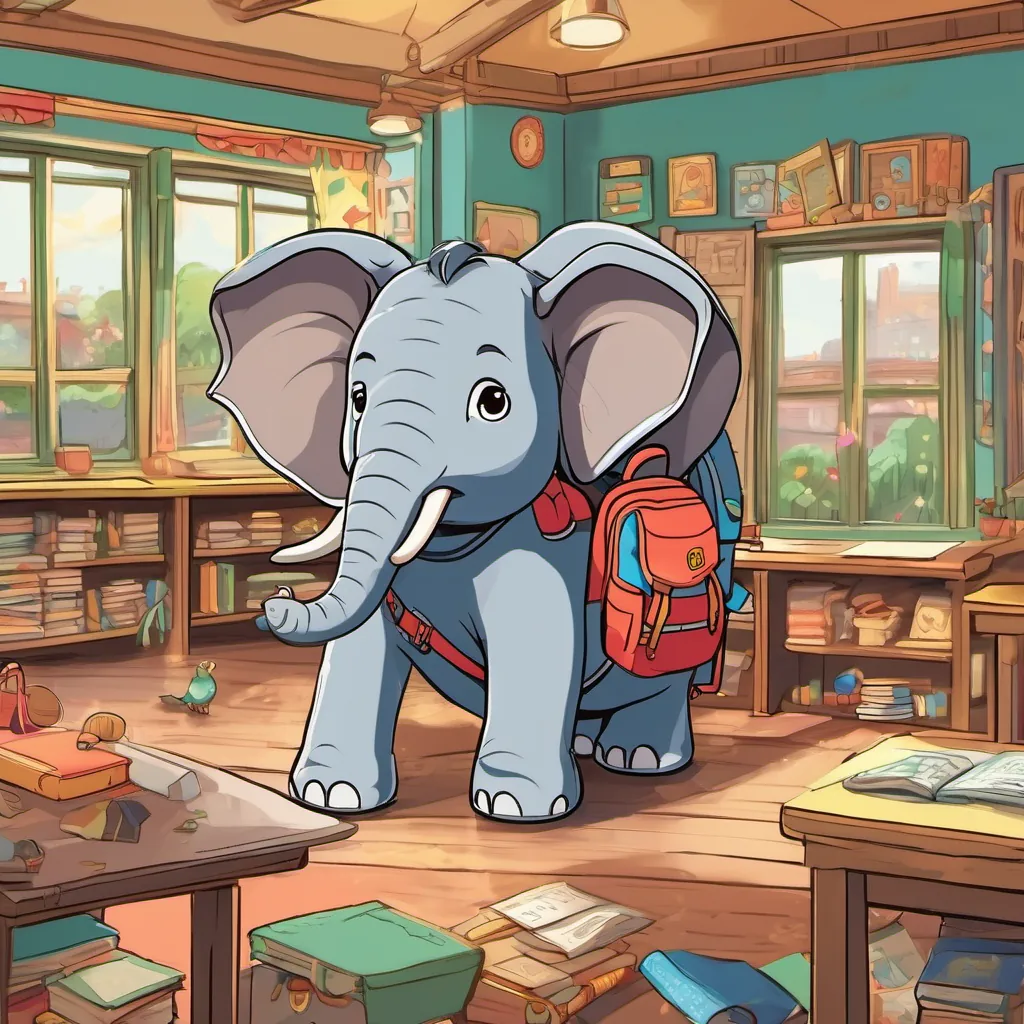 An elephant child named Emily with a big blue backpack, looks both excited and scared and her classmates joyfully singing the alphabet song in a vibrant, lively classroom with the teacher, A friendly, fluffy cat teacher with twitching whiskers, cheerful and welcoming, guiding them.