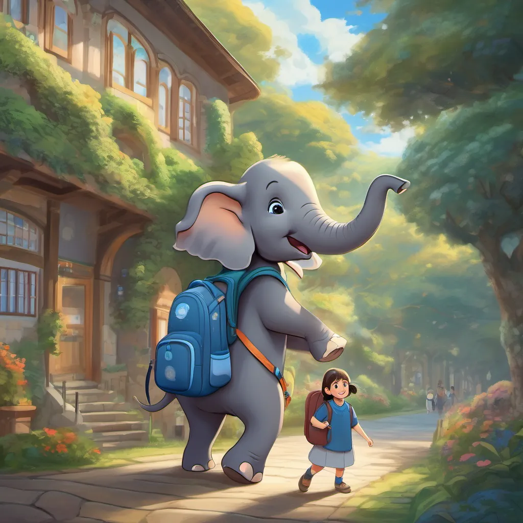 An elephant child named Emily with a big blue backpack, looks both excited and scared waving goodbye to her friends and teachers as she leaves the school for the day, a look of satisfaction and happiness on her face.