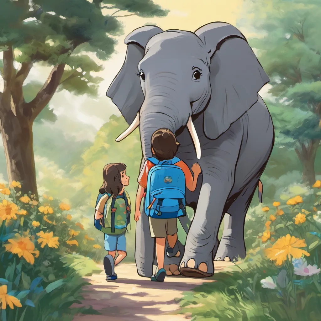 An elephant child named Emily with a big blue backpack, looks both excited and scared talking to her mom about her first day at school while they walk home; An elephant child named Emily with a big blue backpack, looks both excited and scared's face beaming with a bright smile, it’s clear she had a great day.