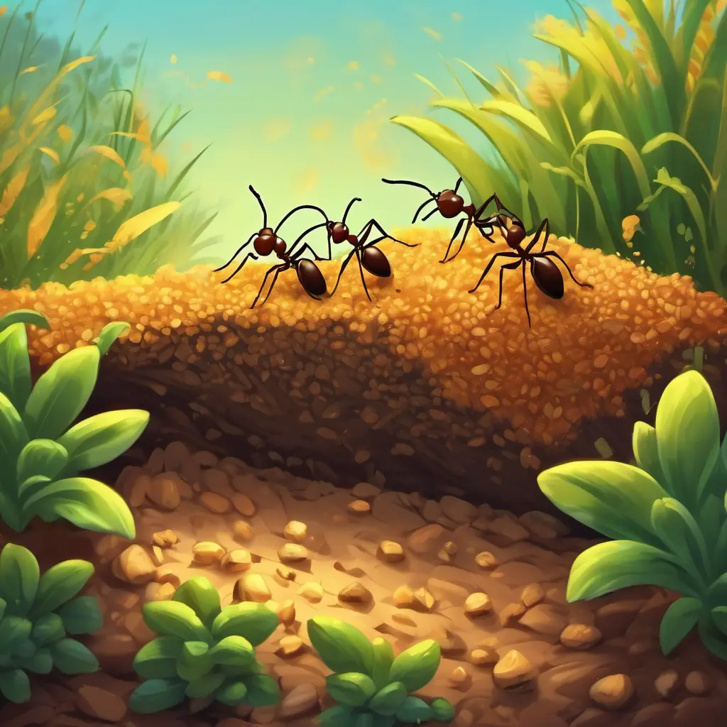 Ants carrying grains of soil.