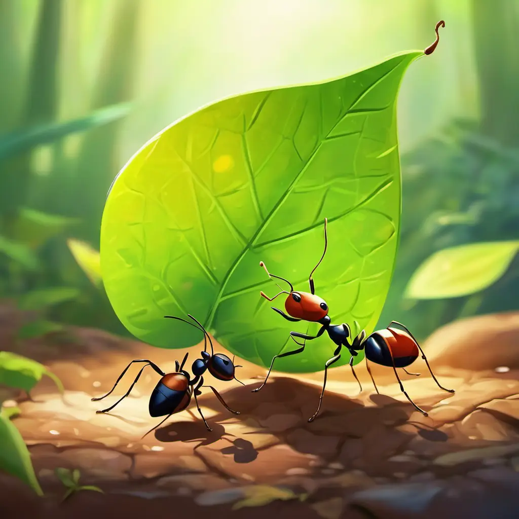 Ants collaborating to move a leaf.