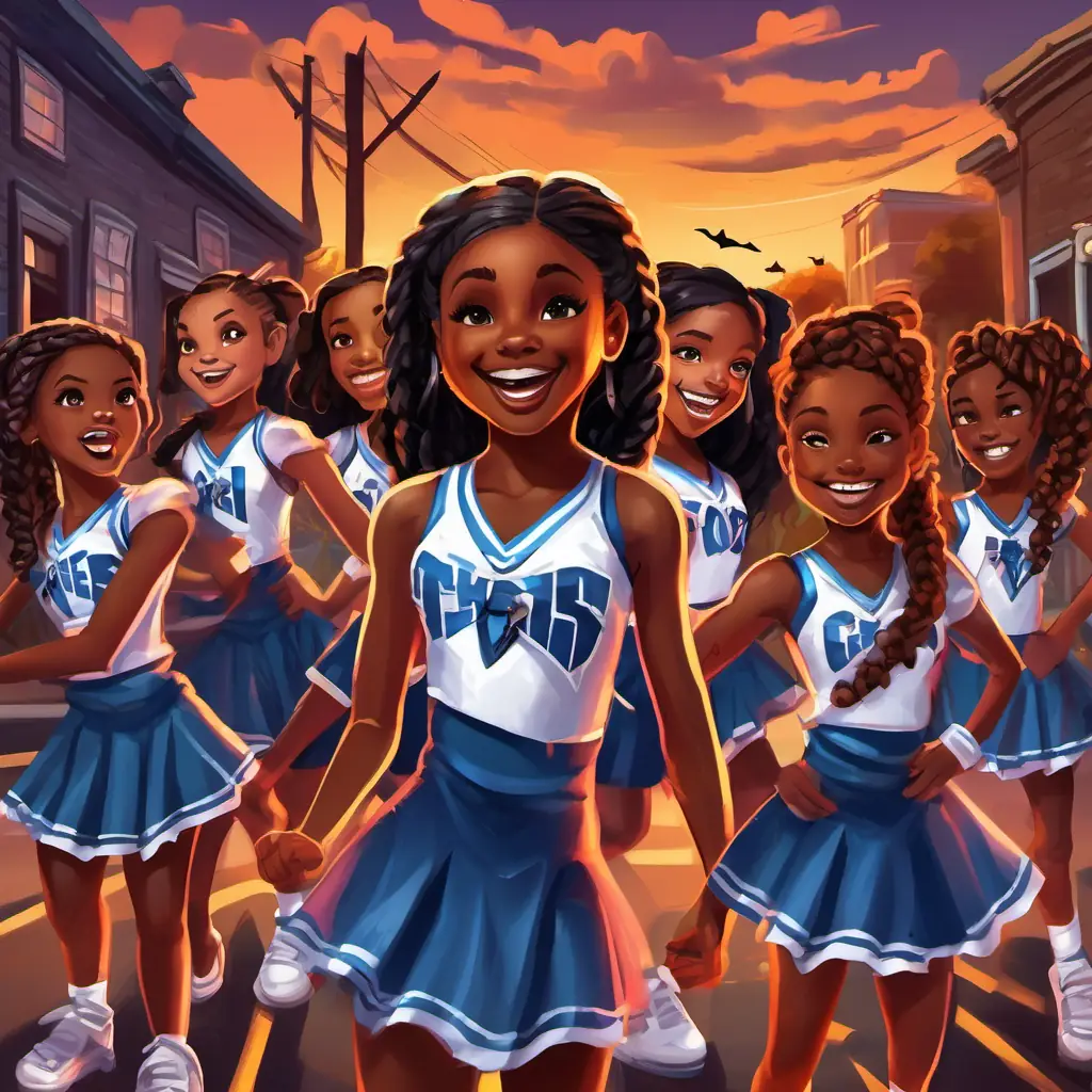 Brave 6-year-old African American girl cheerleader with beautiful braids and brown eyes cheering with the zombie cheer squad and the African American cheer squad Texas Twisters became the best of friends, performing joint routines and spreading cheer, both human and zombie, throughout the town.