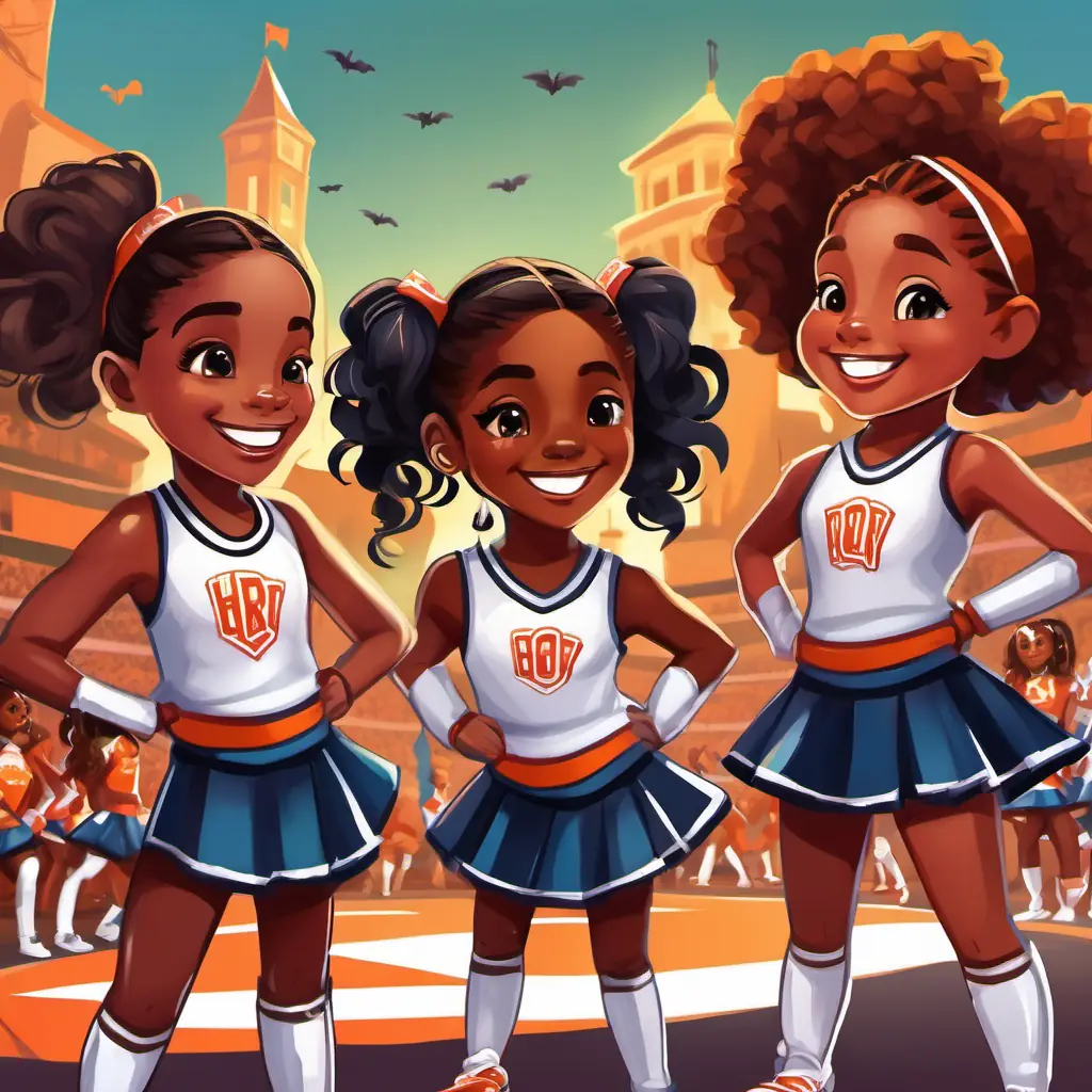 Brave 6-year-old African American girl cheerleader with beautiful braids and African American cheerleaders with braids and brown eyes won the cheerleading competition by one point. Smiling with zombie cheerleaders planning the next competition 