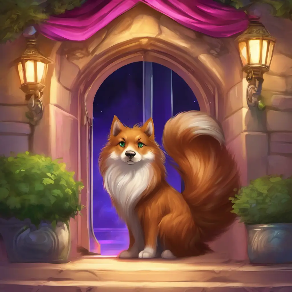 The illustration on this page shows Golden fur, sparkling brown eyes, always wears a blue collar leading the way to the debt collector's office, Silky black fur, bright blue eyes, wears a purple bandana comforting the family, Shaggy brown fur, clever green eyes, has a red squeaky toy in his mouth listening behind a door, and Fluffy white fur, expressive hazel eyes, pink bow on her tail looking intently at the debt collector, who is sweating nervously.