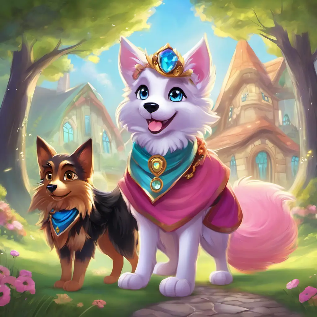 The final page shows Golden fur, sparkling brown eyes, always wears a blue collar, Silky black fur, bright blue eyes, wears a purple bandana, Shaggy brown fur, clever green eyes, has a red squeaky toy in his mouth, and Fluffy white fur, expressive hazel eyes, pink bow on her tail standing together, proud and strong. Behind them, thankful townspeople are shown smiling and waving.