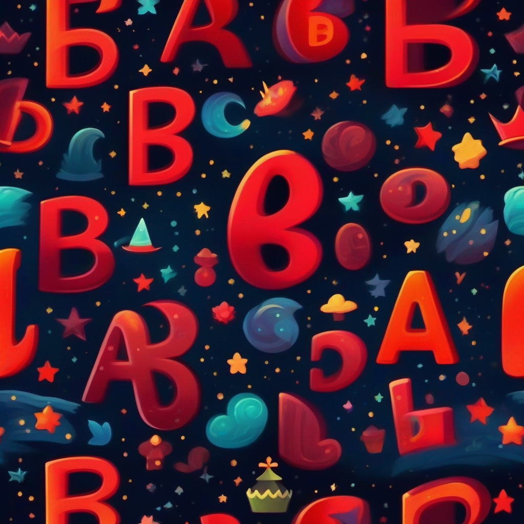 Red letter B with a small crownlue letter A with a big smilelphabet Land, bright colors, happy letters, dark sky