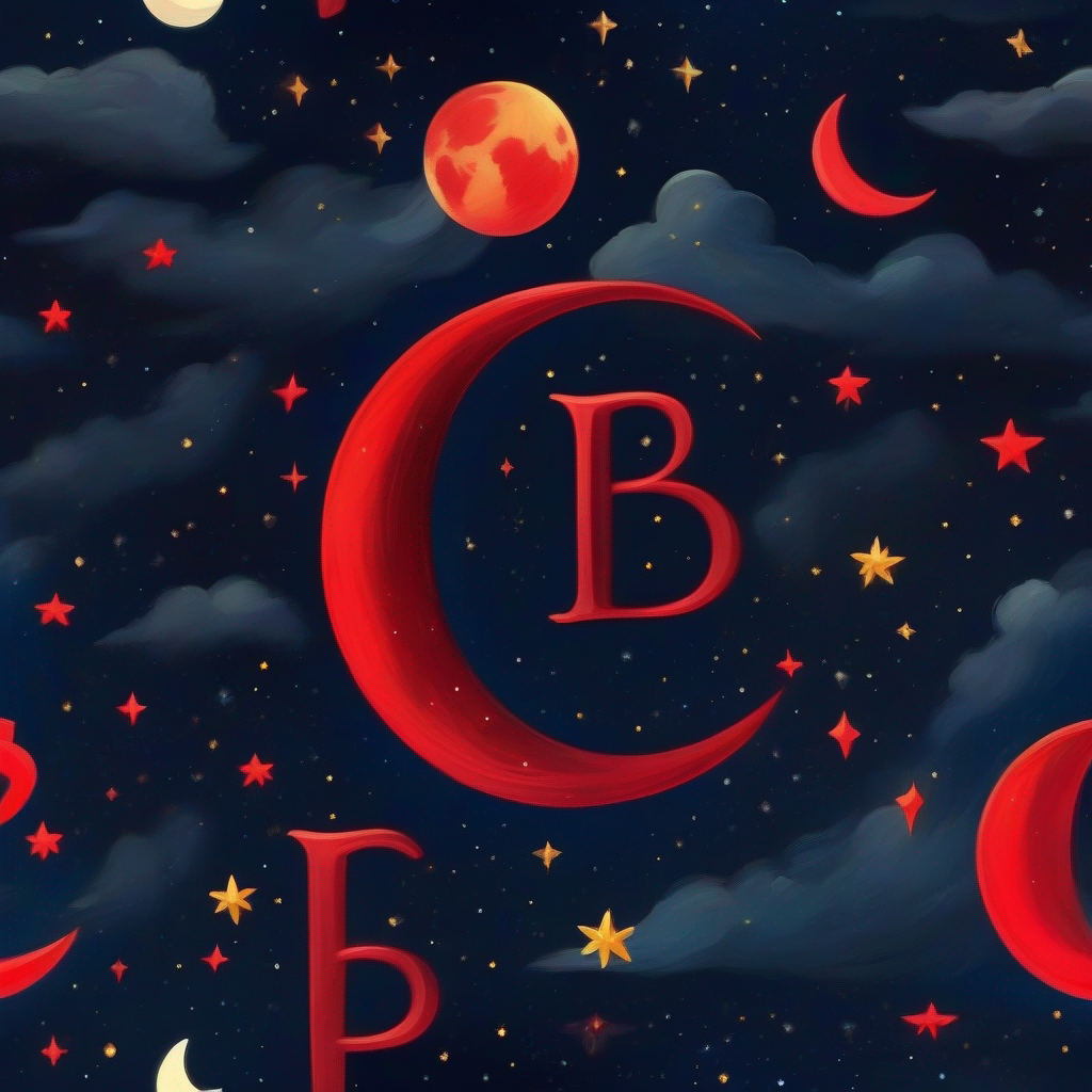 Letter Red letter B with a small crown with moon, letters listening, night sky