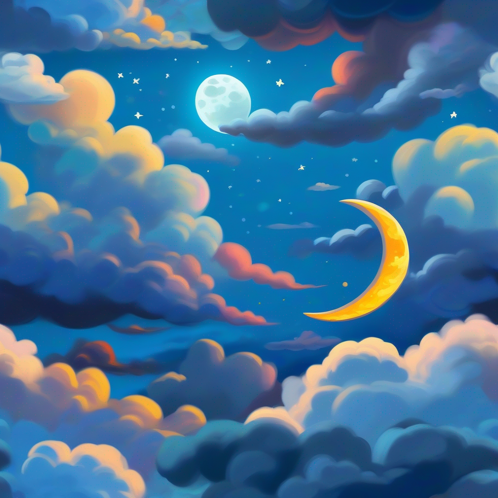 Letters exploring, moon behind clouds, adventurous journey