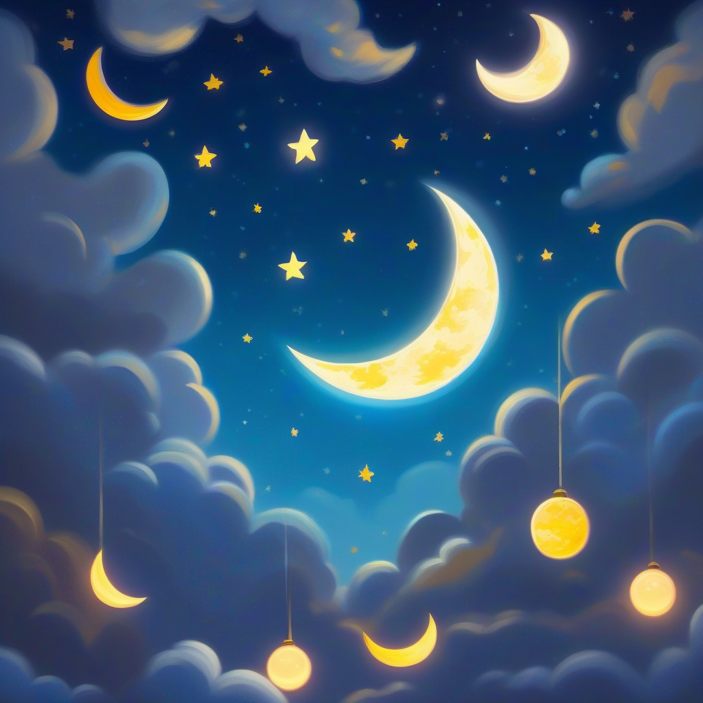 Letters talking to moon, moon smiling, shining light