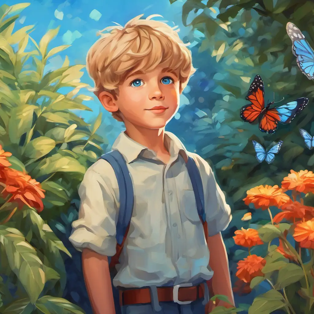Garden setting, boy named Curious boy with sandy hair, blue eyes, butterfly's cocoon