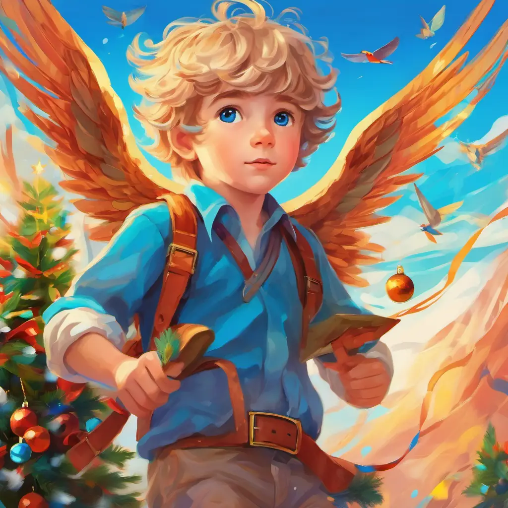 Vibrant, multicolored wings, delicate and beautiful's struggle, Curious boy with sandy hair, blue eyes's concern, theme of perseverance
