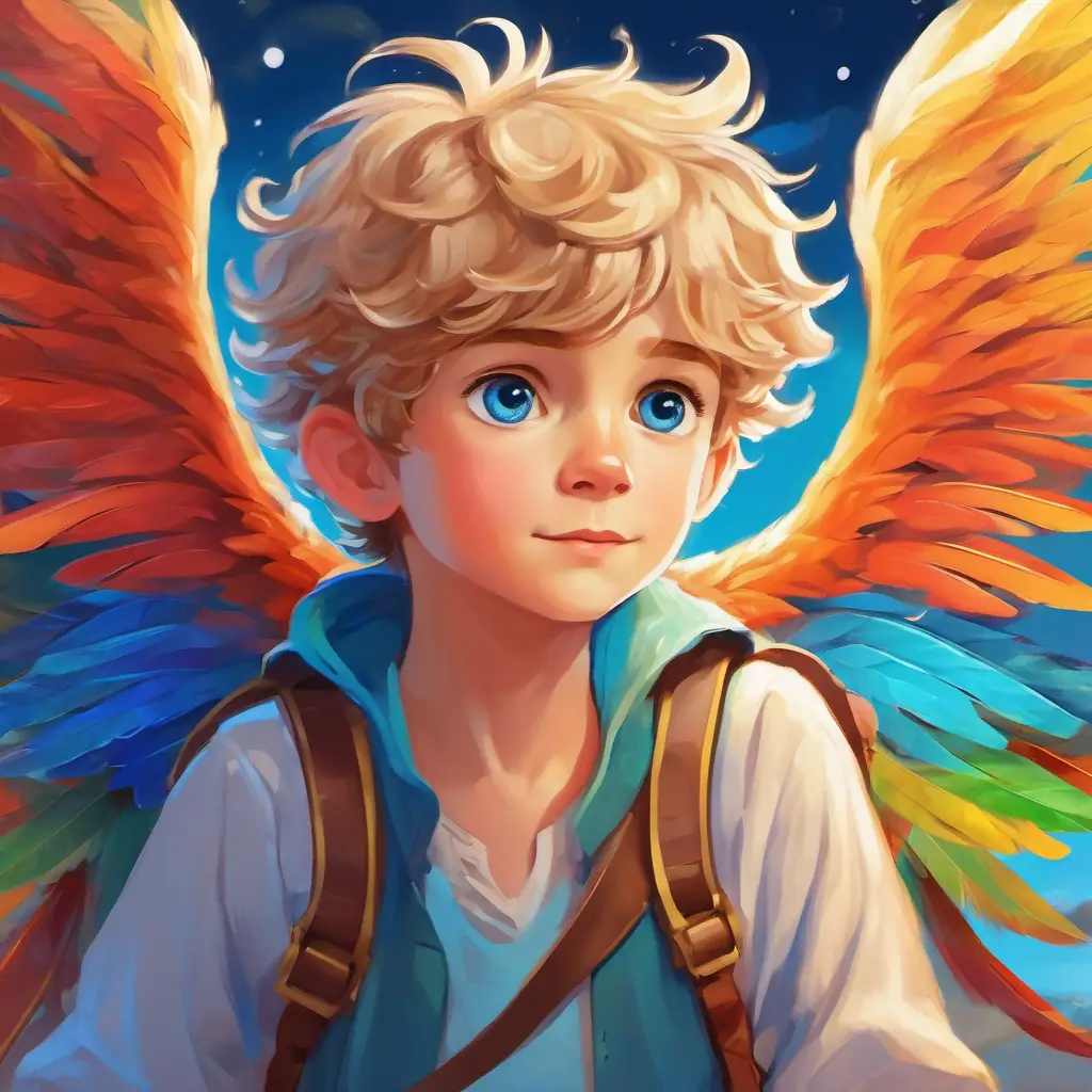 Vibrant, multicolored wings, delicate and beautiful's triumph, Curious boy with sandy hair, blue eyes's help, empathy and kindness