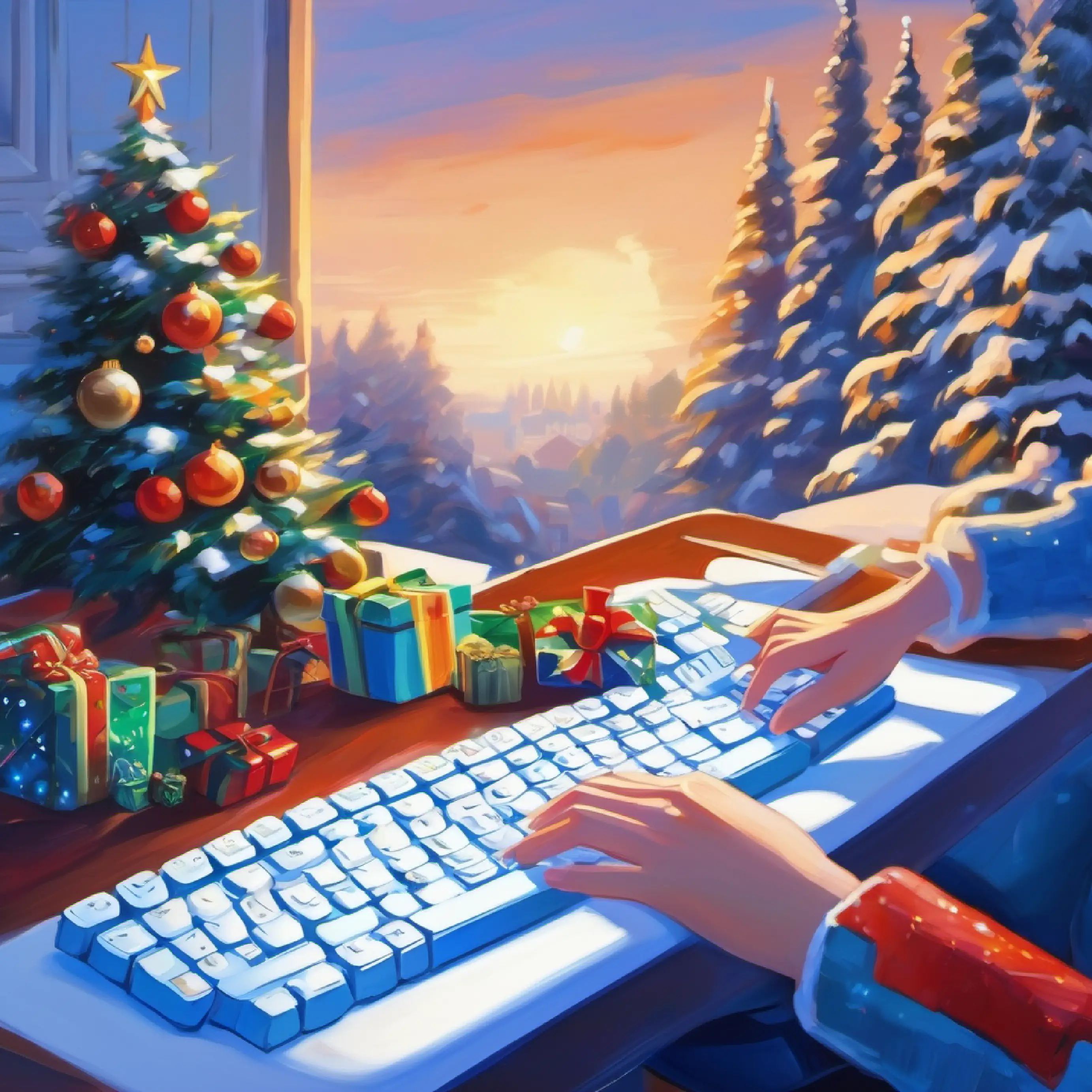 Hands typing on Small, white, blue screen, on a desk keyboard.