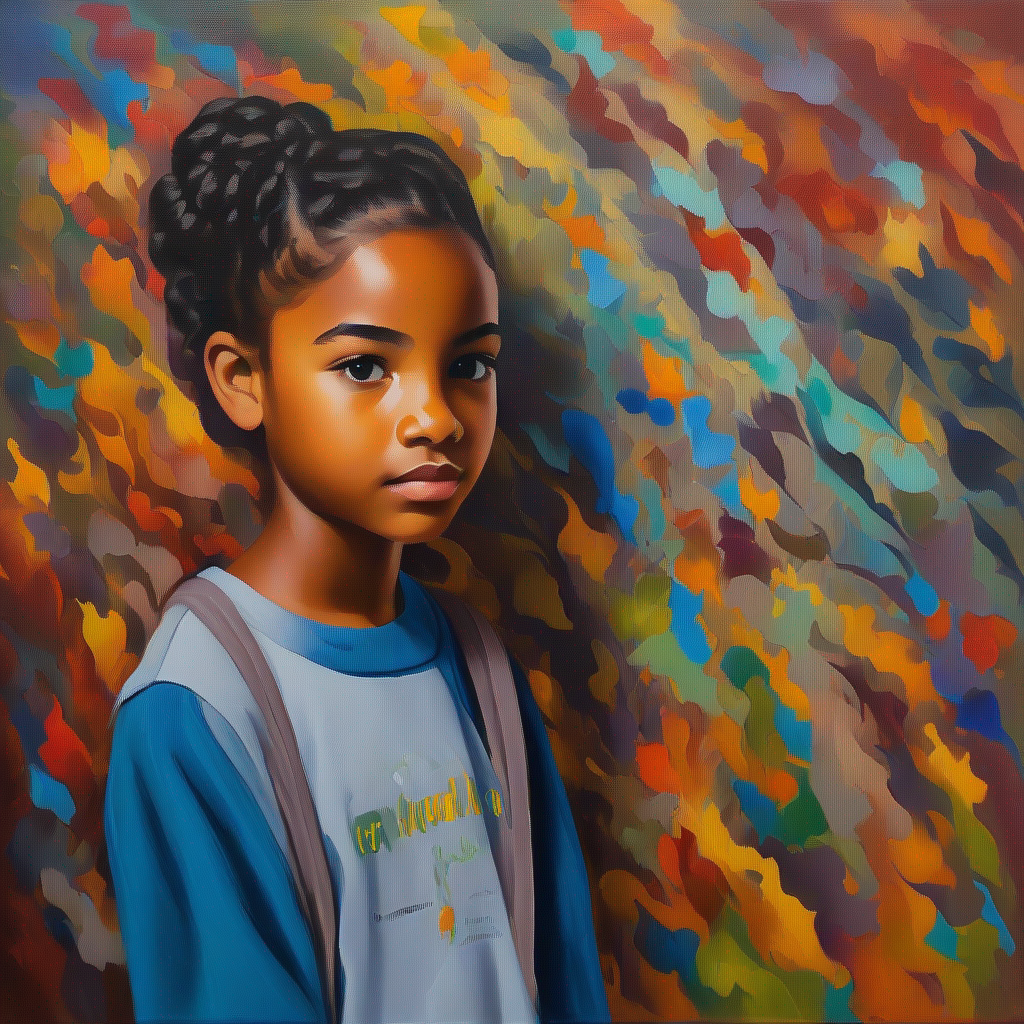Melak, a nervous but confident teenager, showcasing her artwork.