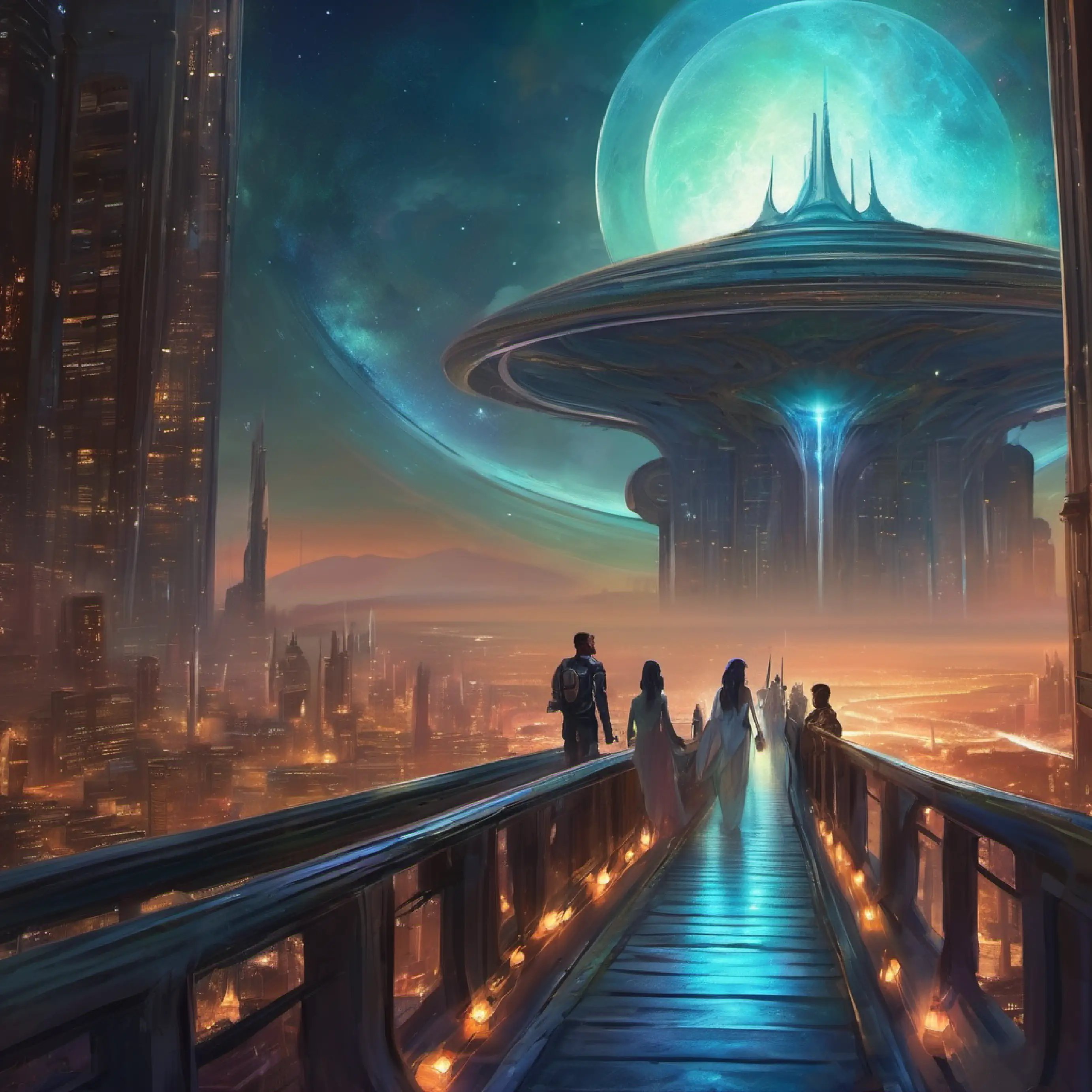 Alien family's going out from the bridge of the shift and look at the city at nignt.