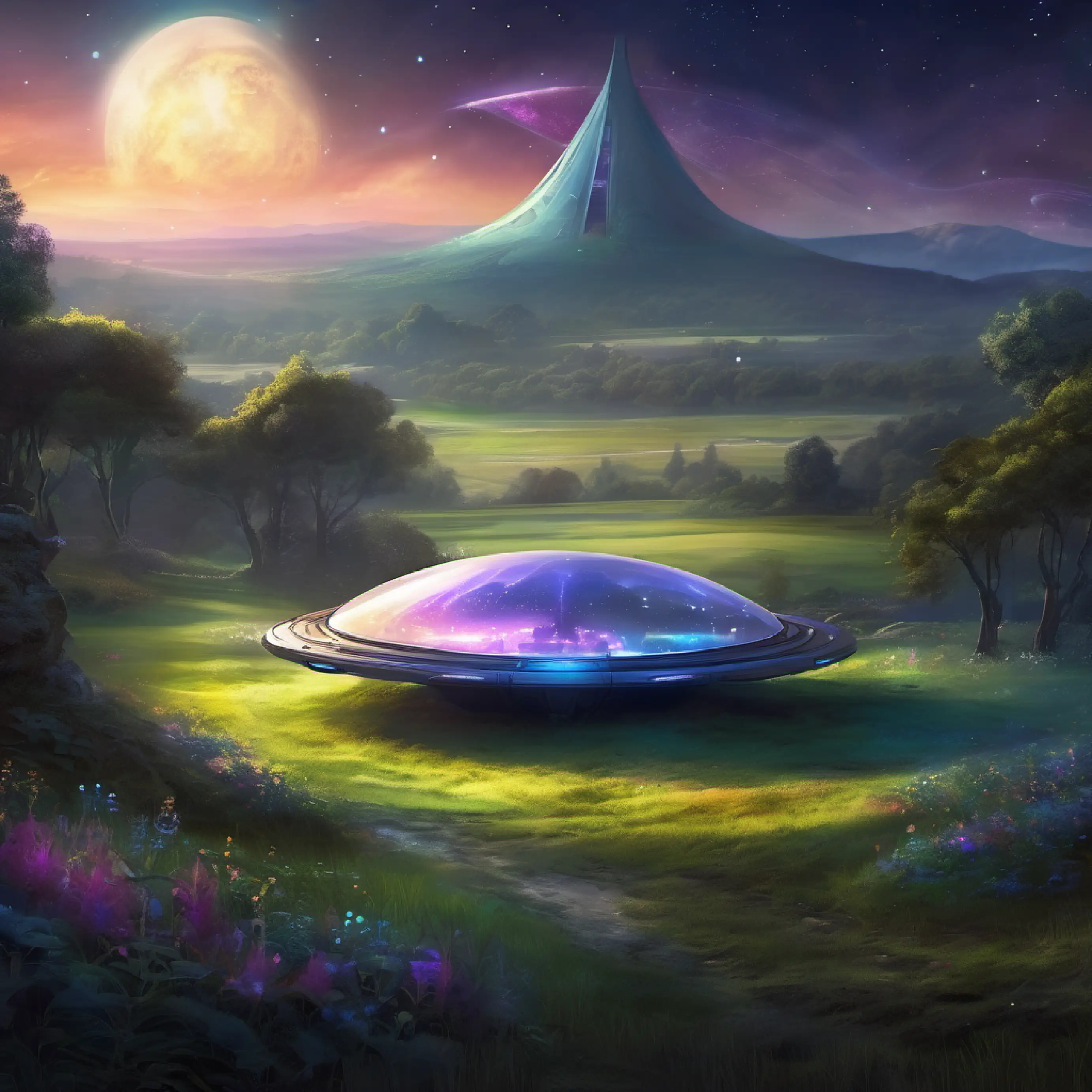 Alien family's small spaceship lands in a hidden meadow on Earth with a dark night sky