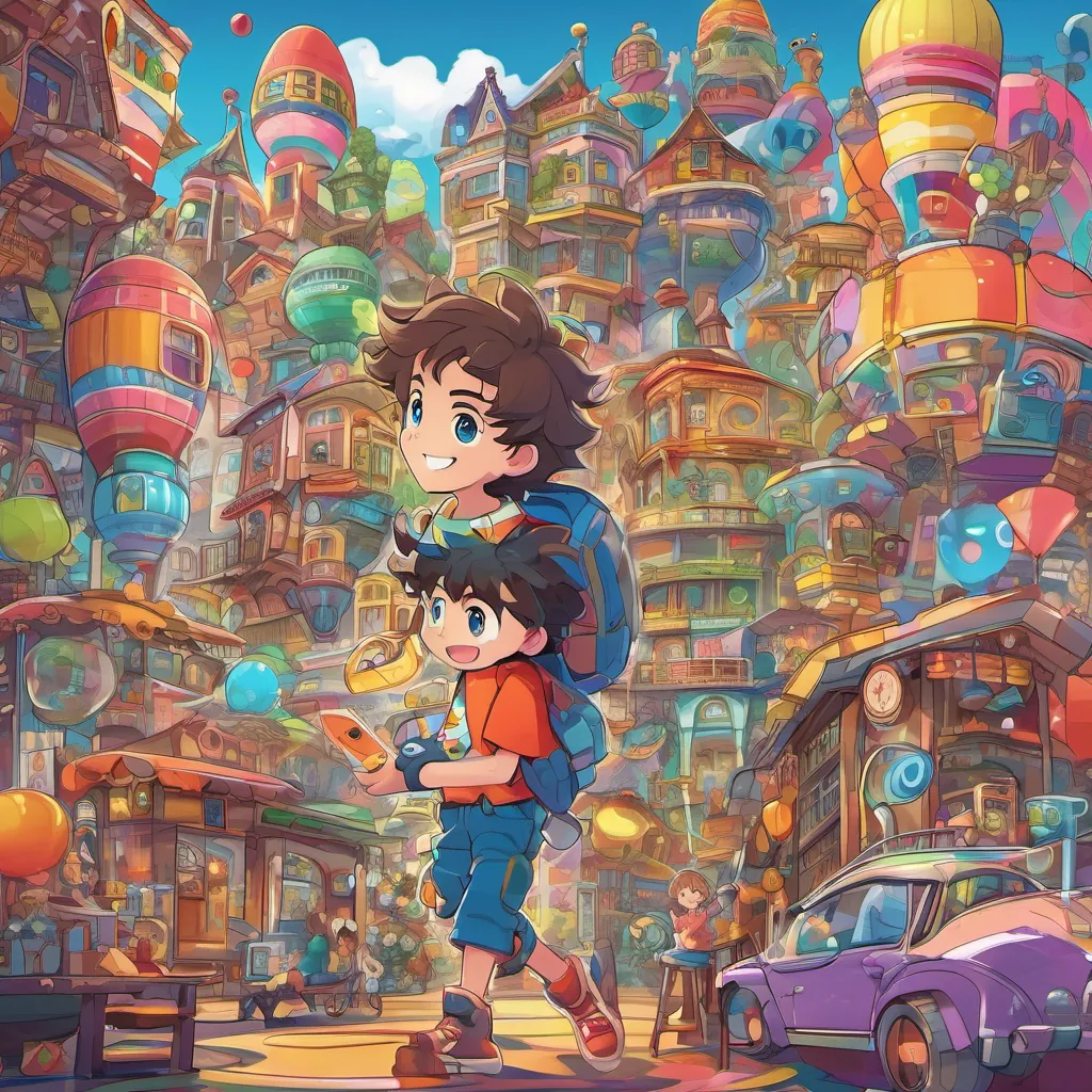 A colorful illustration of Wuzzle Town, with whimsical buildings and A young boy with curly hair, bright eyes, and a beaming smile He wears a colorful t-shirt and has a playful, curious demeanor, surrounded by quirky gadgets, a young boy with bright eyes and tousled hair, surrounded by quirky inventions.