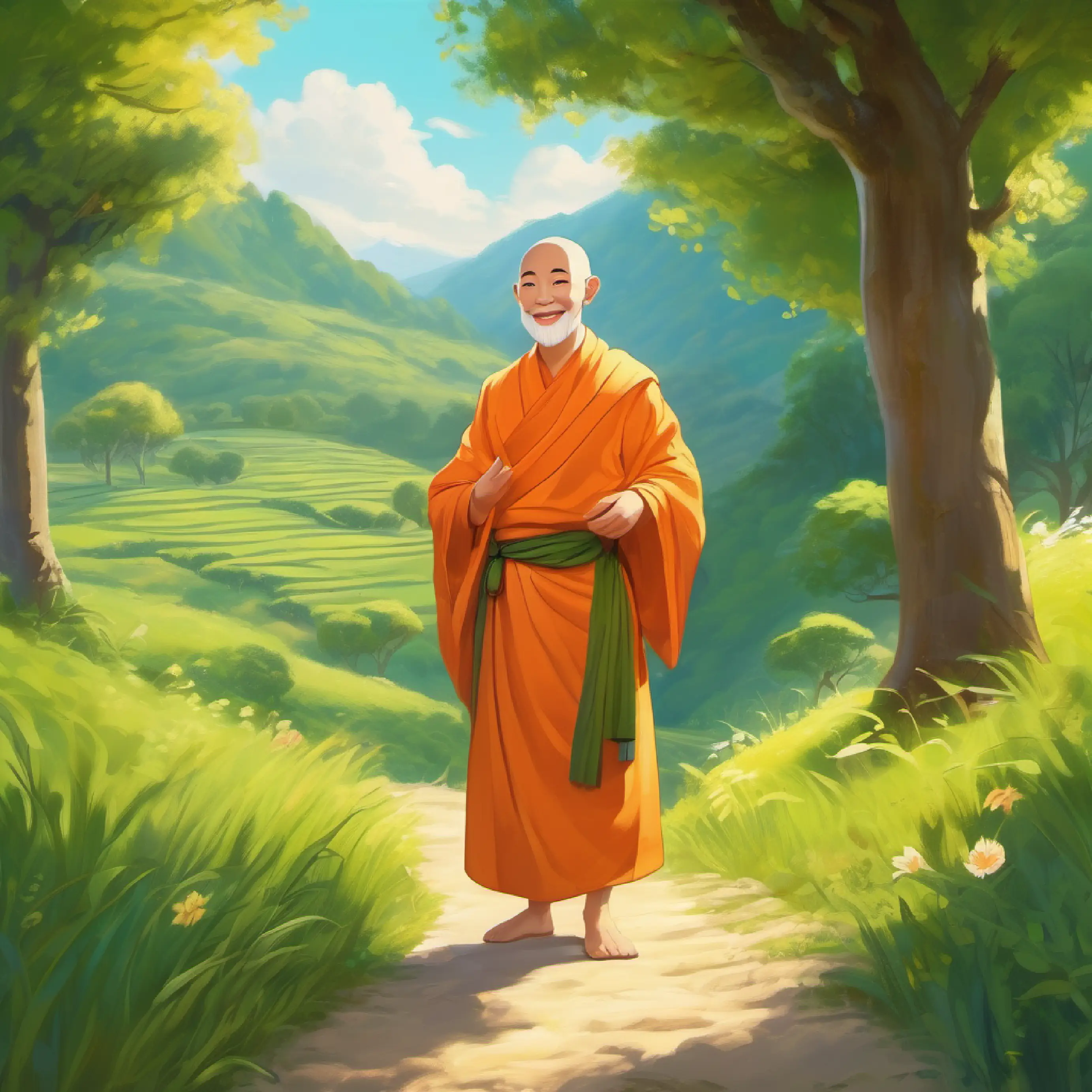 Introduction to Kind-faced monk with a sunny smile, wears orange robes, in a peaceful, green land.