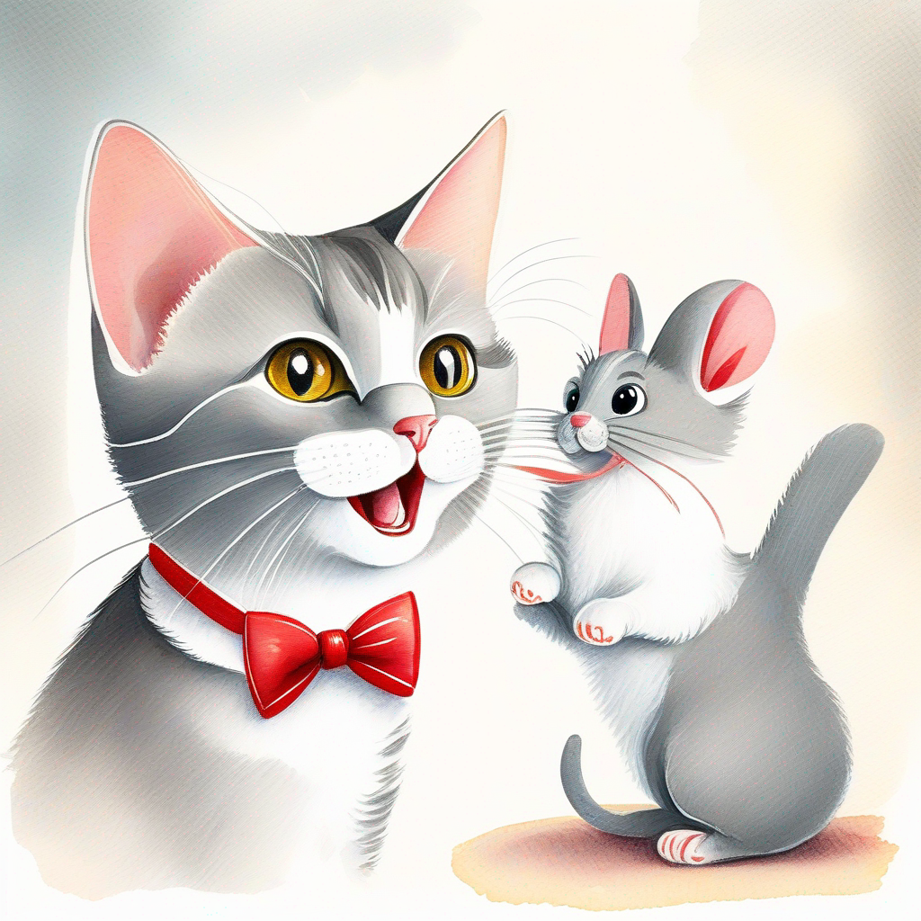 Tom - a playful gray cat with a red bowtie. and Jerry - a clever brown mouse with big ears. playing together in a colorful room.