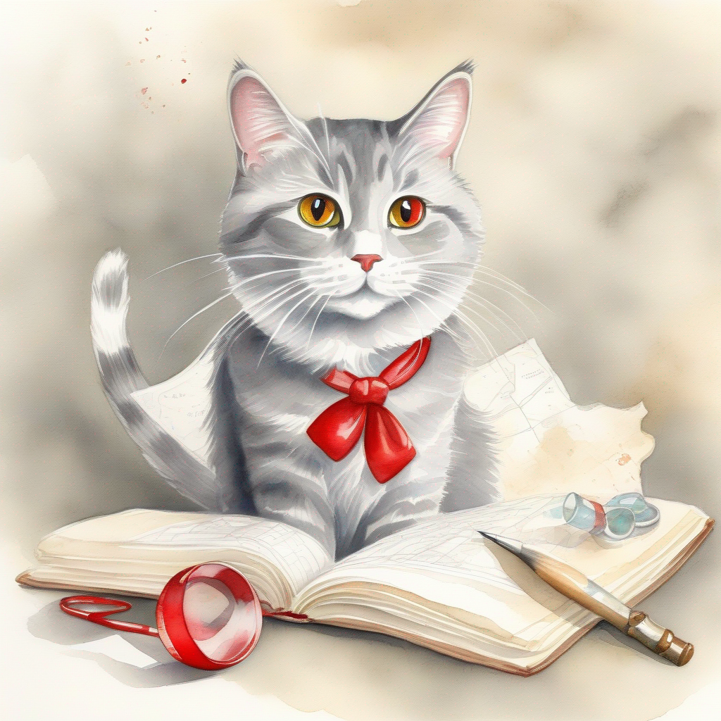 Tom - a playful gray cat with a red bowtie. excitedly holding a treasure map, with a magnifying glass.