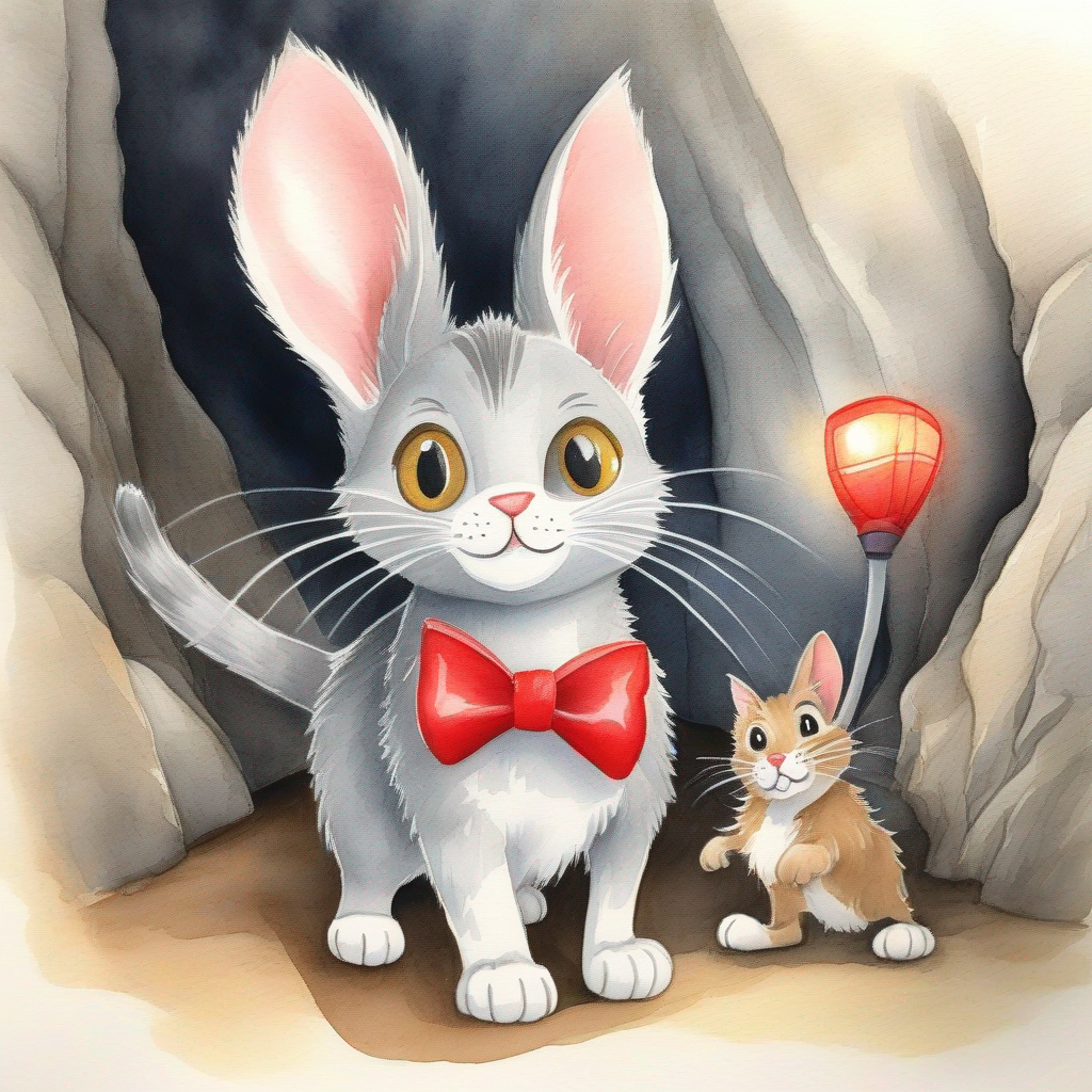 Tom - a playful gray cat with a red bowtie. and Jerry - a clever brown mouse with big ears. entering a dark cave with a flashlight.