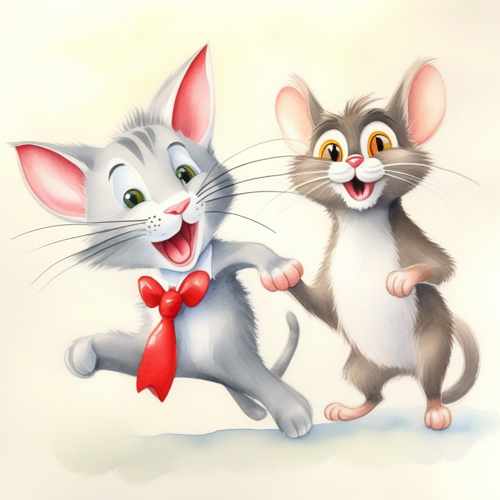 Tom - a playful gray cat with a red bowtie. and Jerry - a clever brown mouse with big ears. chasing a cheeky monkey who took a coin.