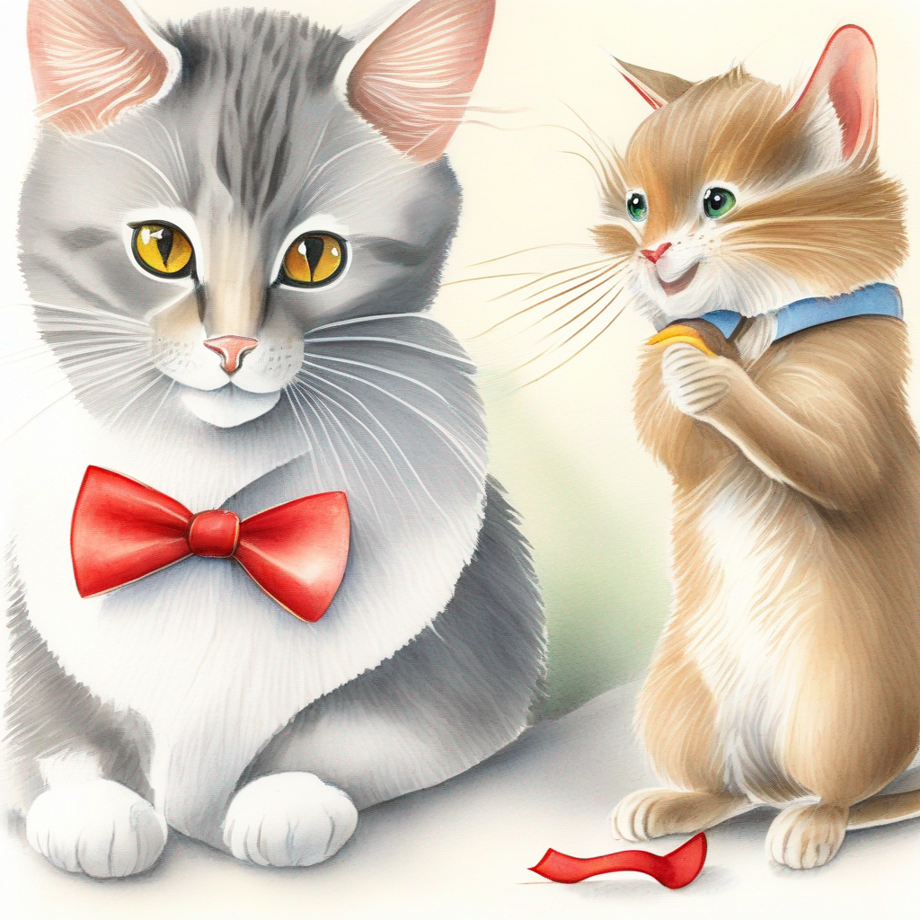 Tom - a playful gray cat with a red bowtie. and Jerry - a clever brown mouse with big ears. working together to catch the mischievous monkey.