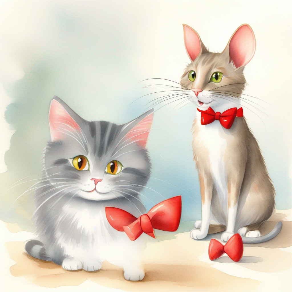 Tom - a playful gray cat with a red bowtie. and Jerry - a clever brown mouse with big ears. happily sharing the treasures with big smiles.