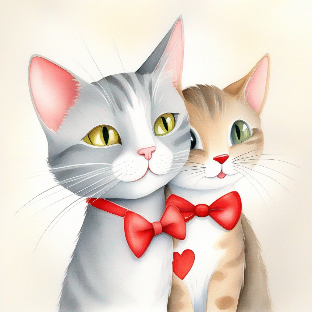 Tom - a playful gray cat with a red bowtie. and Jerry - a clever brown mouse with big ears. hugging and promising to be best friends forever.