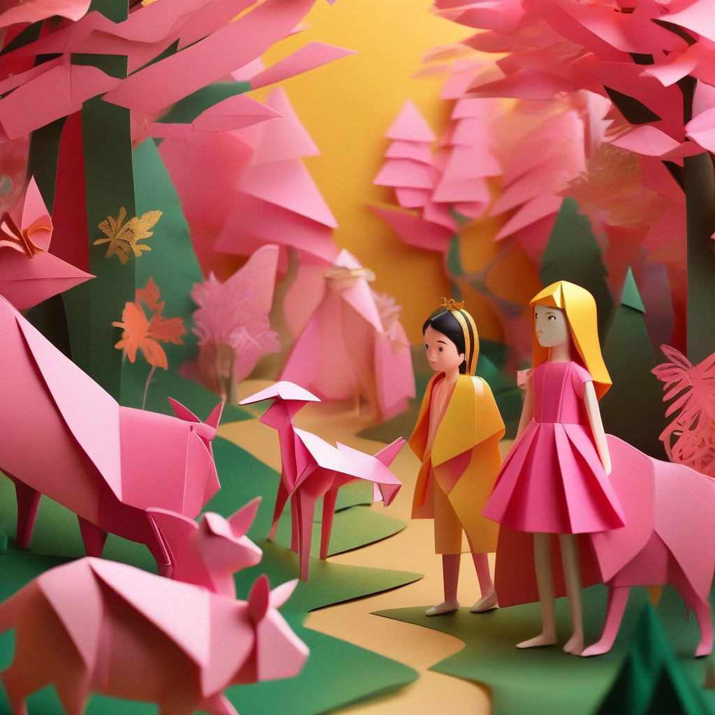 A brave girl with a pink dress and a golden necklace and friends find hidden forest with talking animals