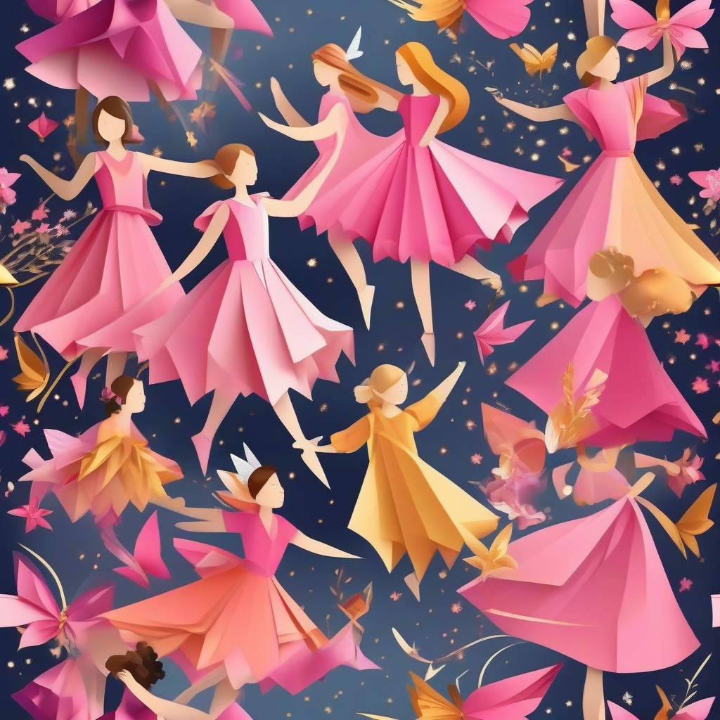 A brave girl with a pink dress and a golden necklace and friends join fairies in a magical dance