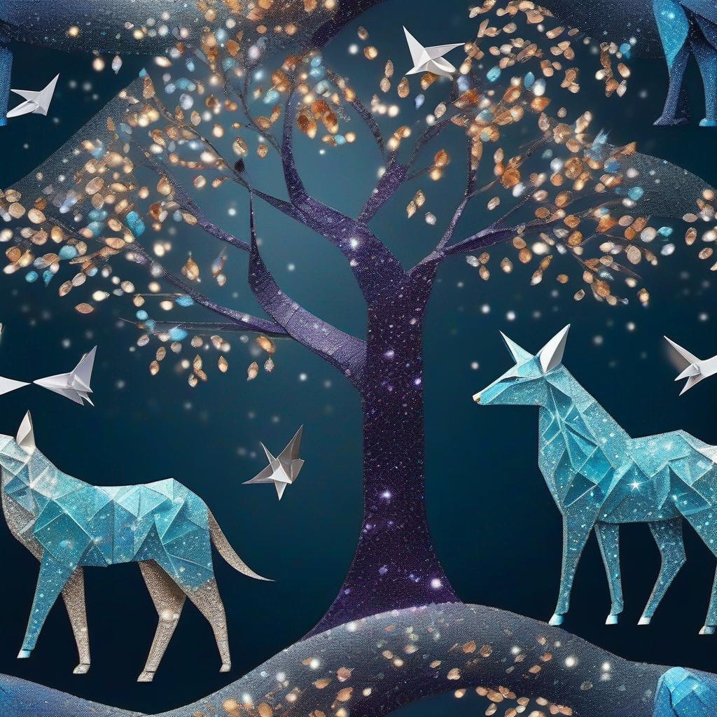 Animals lead to A mystical tree with branches adorned with sparkling crystals with sparkling crystals