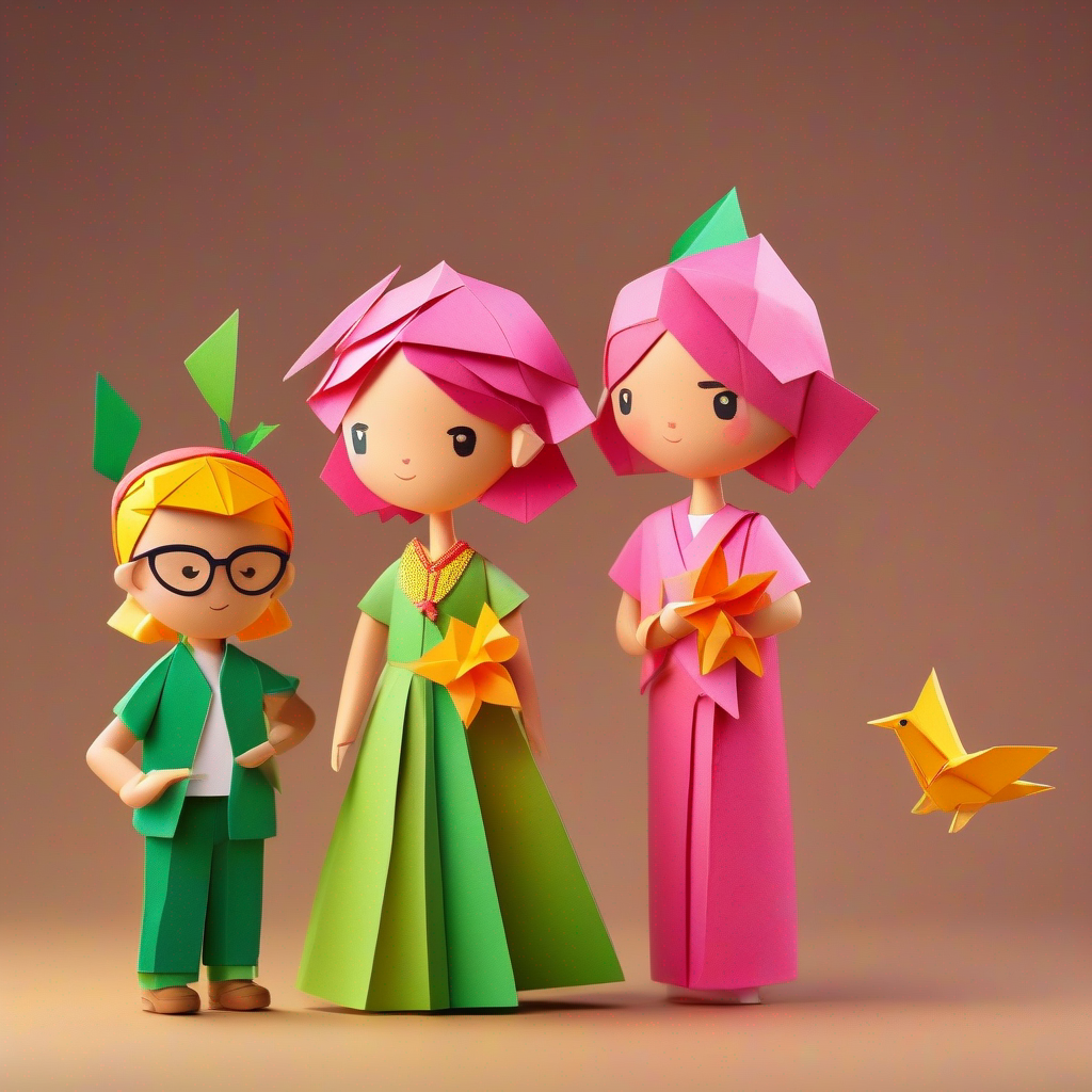 A brave girl with a pink dress and a golden necklace, A kind boy with glasses and a green cap, and A creative girl with braided hair and a colorful dress feel confident and promise to share it