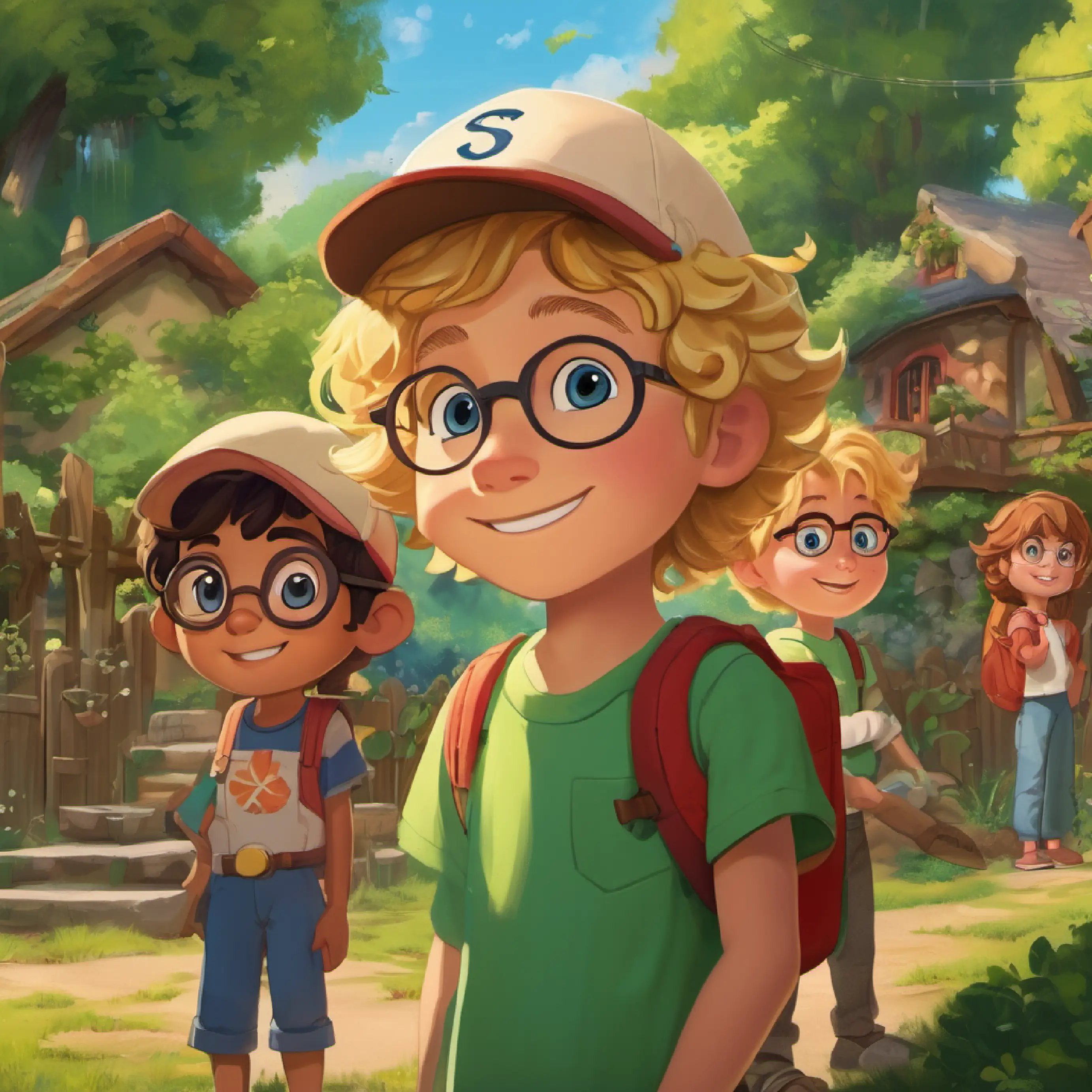 Introduction to the characters, setting and their goal to build a spaceship. (Ben has messy blond hair, glasses, and blue eyes's backyard, Lily has curly brown hair, freckles, and bright green eyes, Ben has messy blond hair, glasses, and blue eyes, and Max has a red baseball cap, a big grin, and brown eyes)