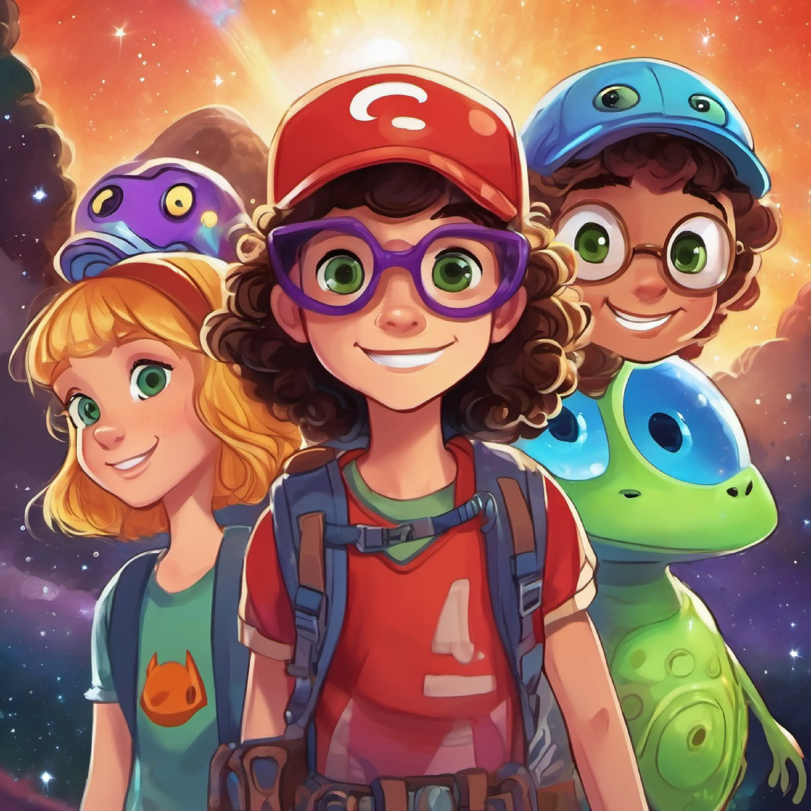 The friends embark on their adventure, encountering friendly The alien has sparkly purple skin, three eyes, and a friendly smiles, shooting stars, and a space jellyfish. (Space, 'Stardust Explorer', Lily has curly brown hair, freckles, and bright green eyes, Ben has messy blond hair, glasses, and blue eyes, and Max has a red baseball cap, a big grin, and brown eyes)