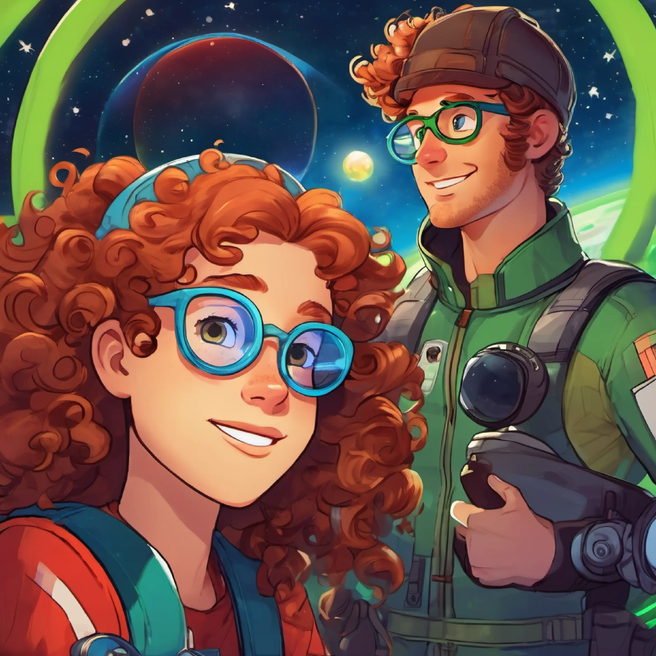 The friends encounter a twinkling black hole and space butterflies. (Space, 'Stardust Explorer', Lily has curly brown hair, freckles, and bright green eyes, Ben has messy blond hair, glasses, and blue eyes, and Max has a red baseball cap, a big grin, and brown eyes)